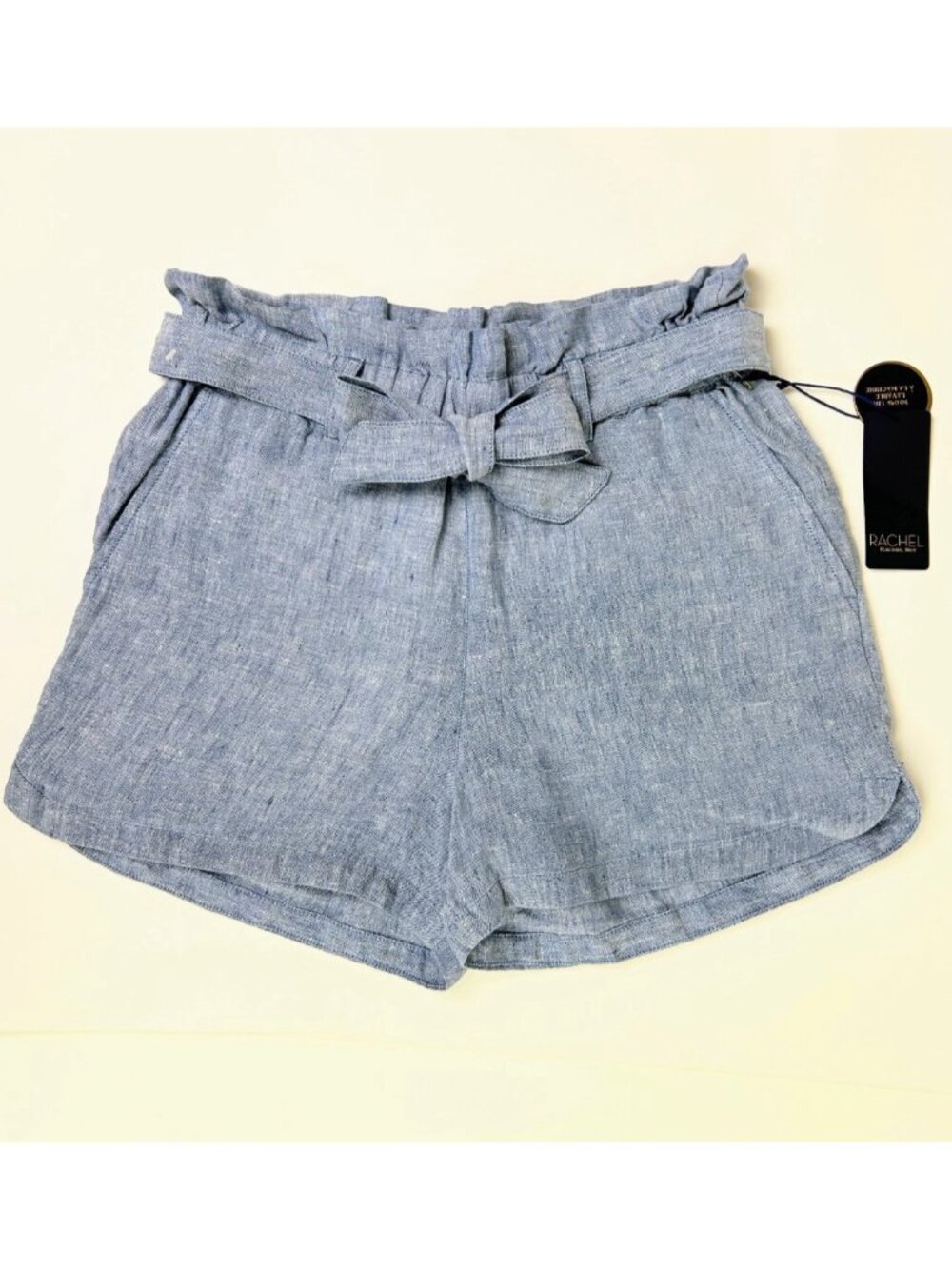 NWT Rachel Roy Chambray 100% Linen Blue Paper Bag Tie Waist Belt Shorts Sz S